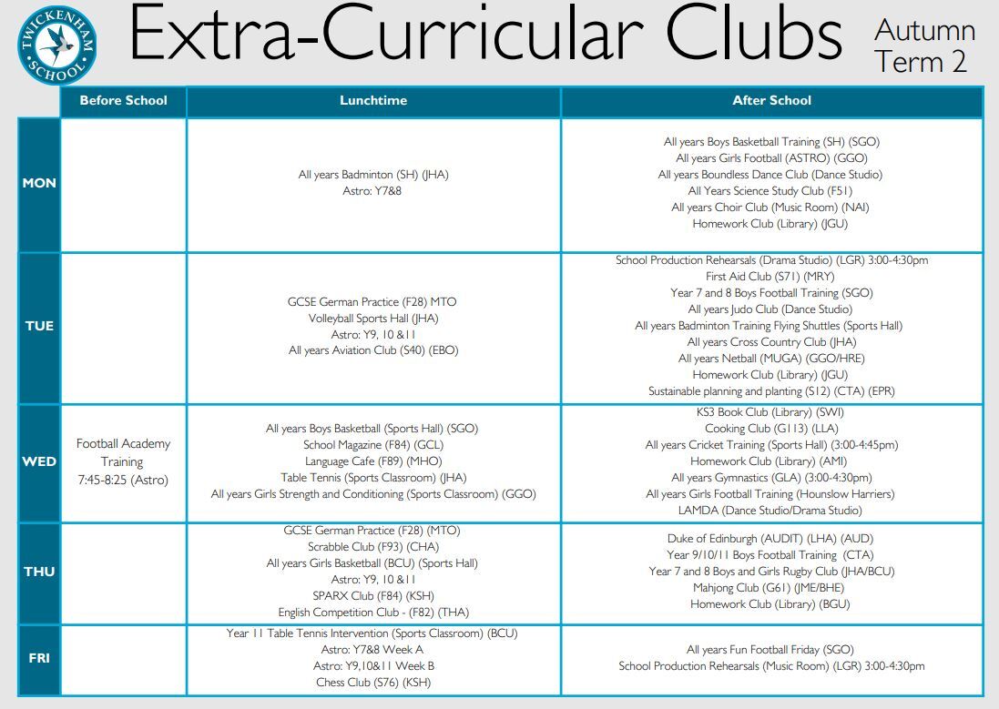 EC Clubs Timetable Autumn 2