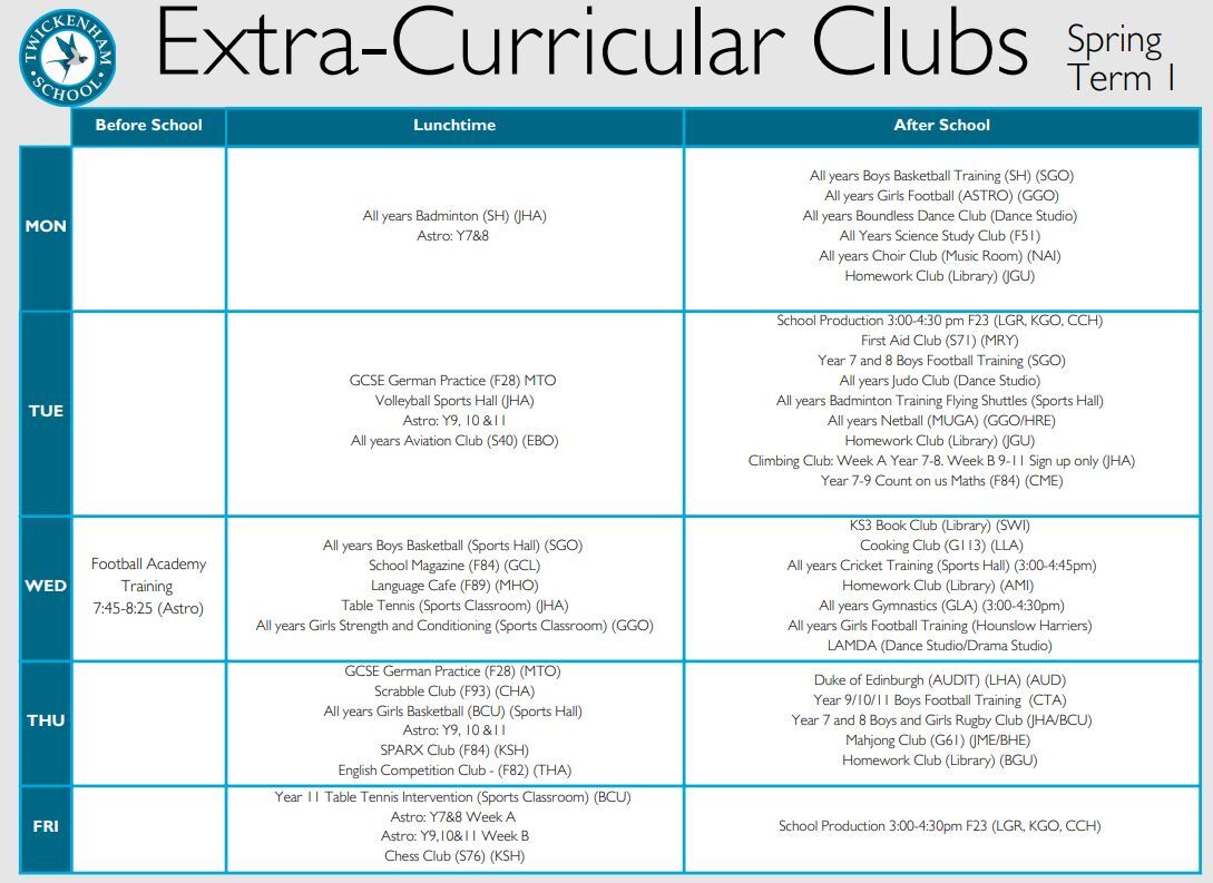 EC Clubs Timetable Spring 1