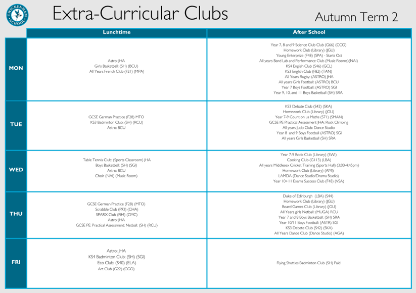 Clubs timetable