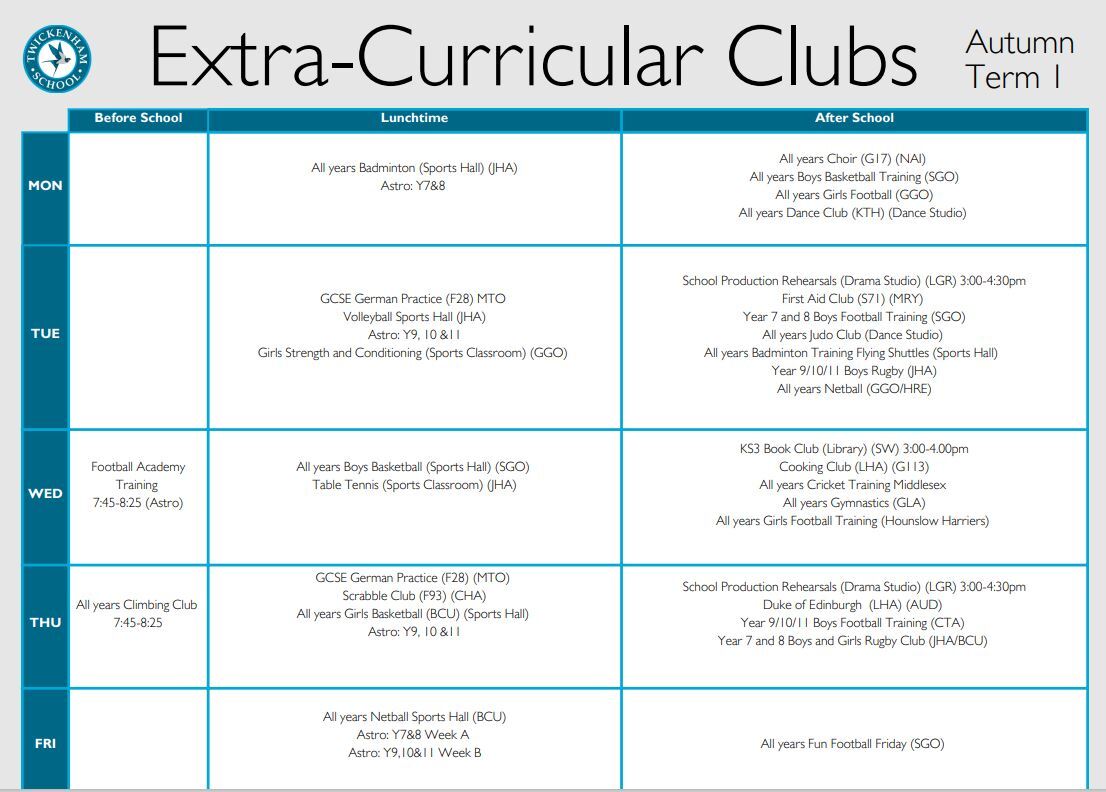 EC Clubs Timetable Autumn 1