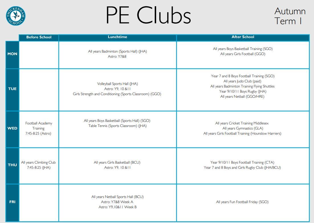 PE Clubs Timetable Autumn 1