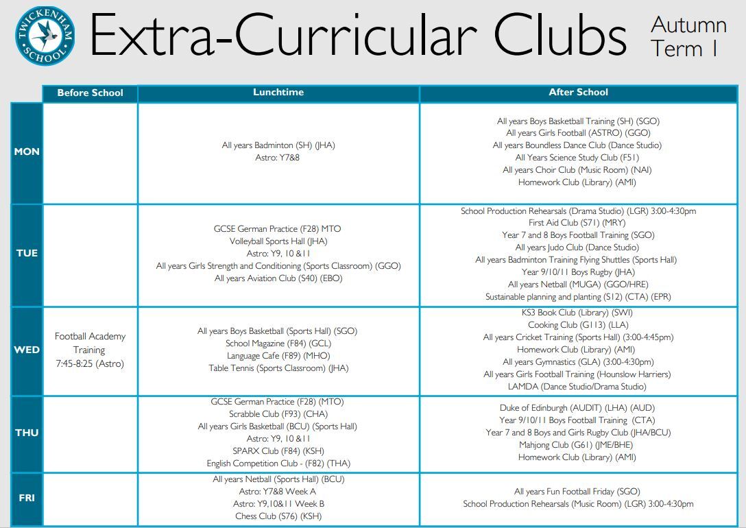 EC Clubs Timetable Autumn 1