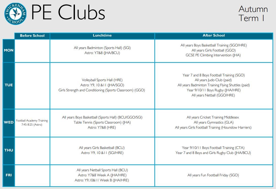 PE Clubs Timetable Autumn 1